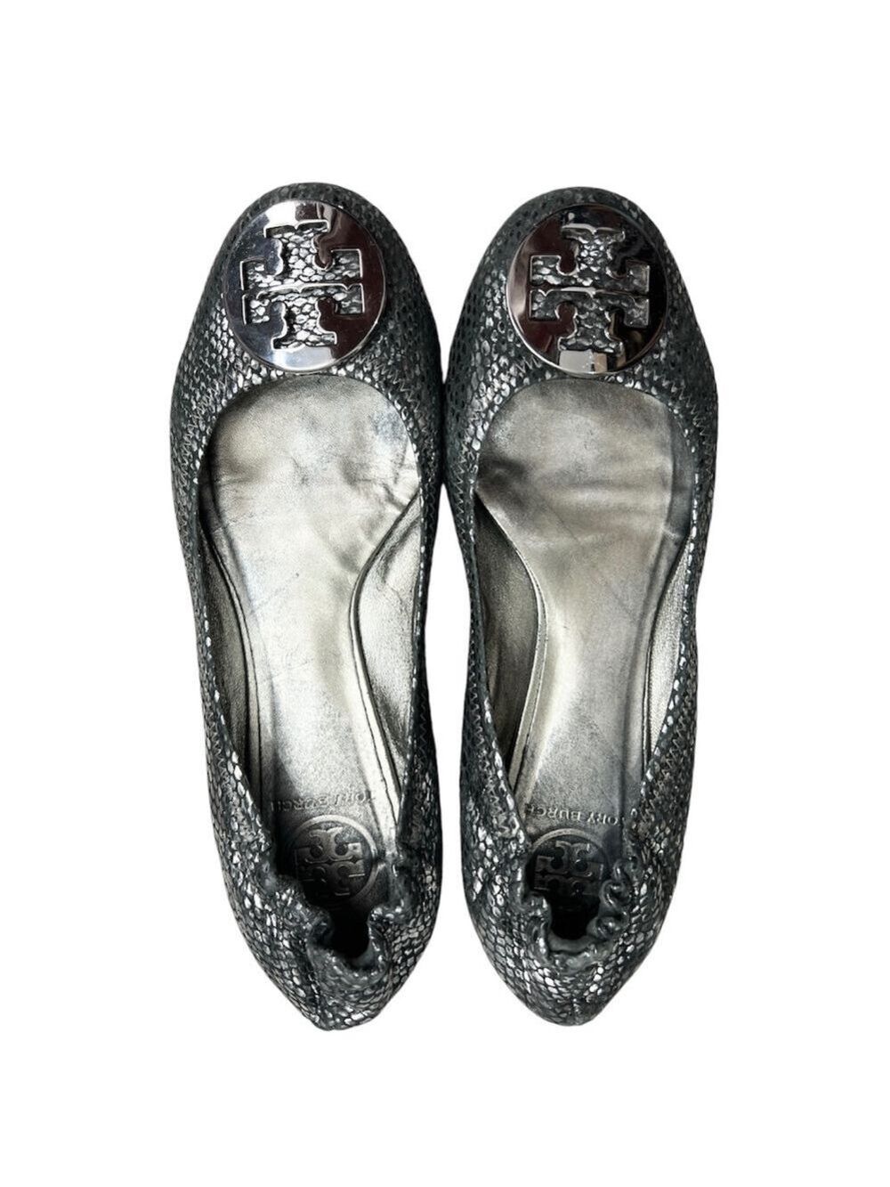 Tory Burch Reva black silver embossed snake print leather ballet flats 7-7.5